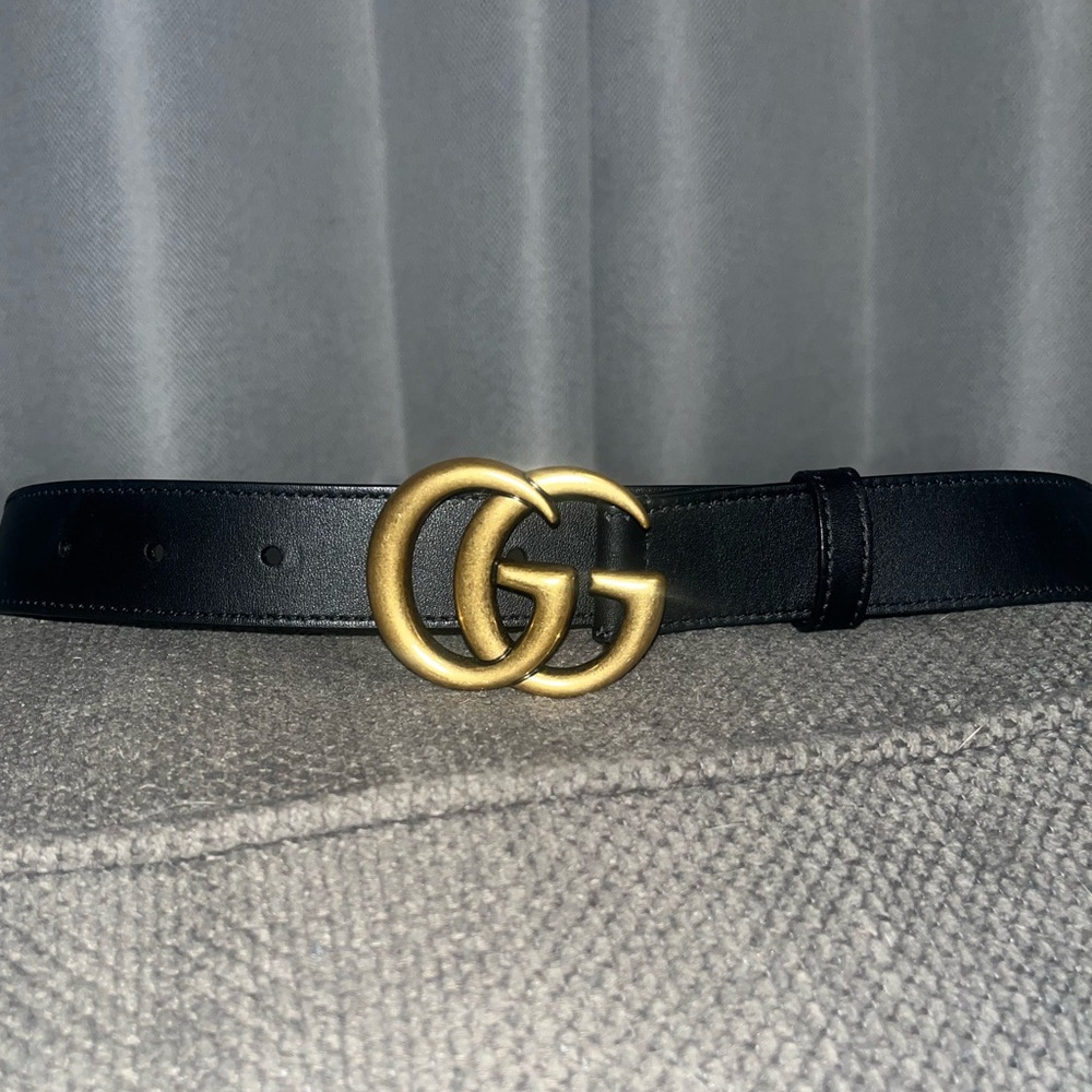 Gucci GG Marmont Leather Belt – Black with Antique Gold Double G Buckle